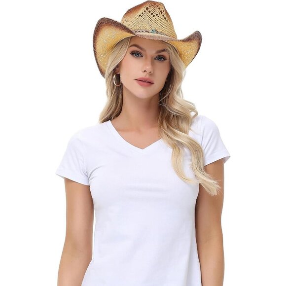 Straw Cowboy Hat Wide Brim Sun Protective Unisex Western Casual Accessory